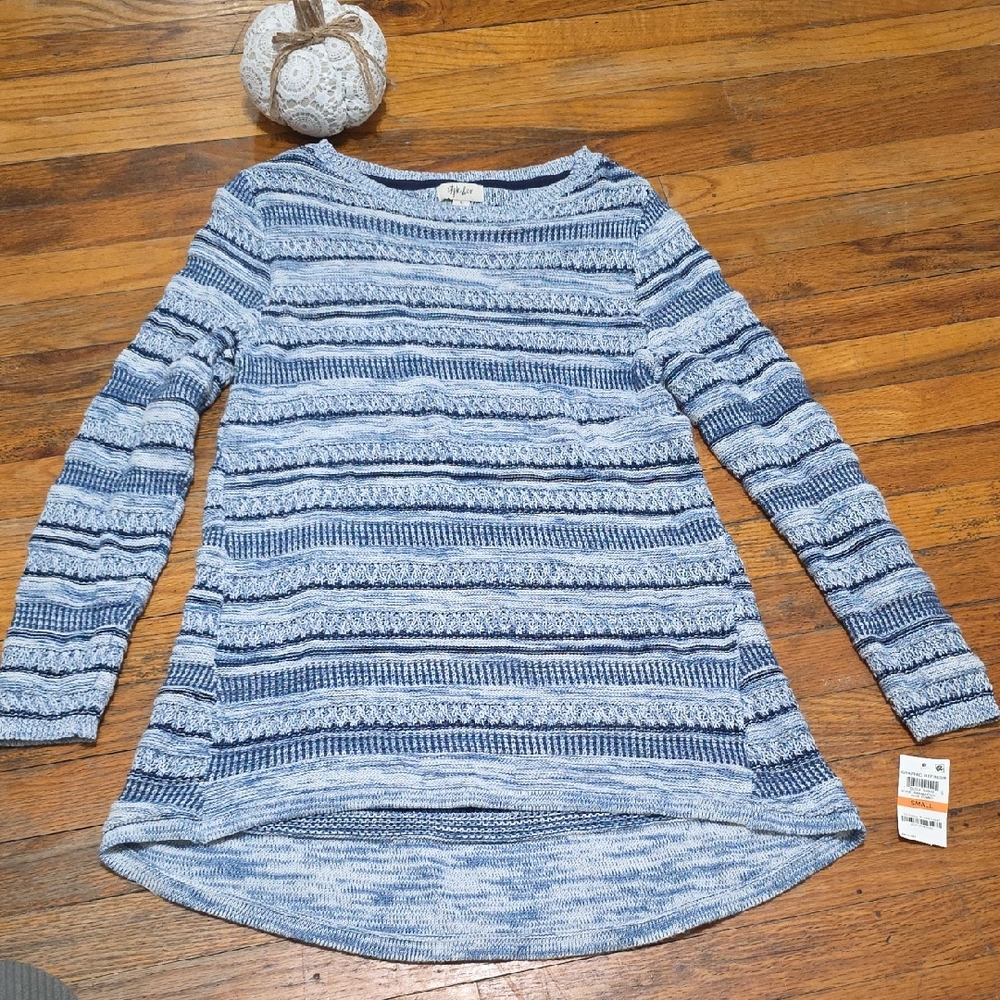 Style & Co NWT Womens Gorgeous Classy Fall Long Slv Blue Striped Sweater Tunic S
